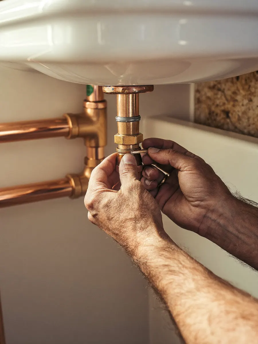 Mains qui serrent un raccord sur un tuyau en cuivre sous un lavabo