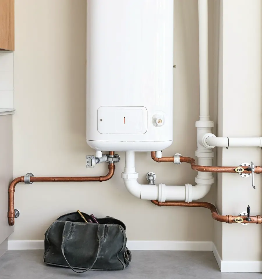 Chauffe-eau électrique neuf installé dans une buanderie claire